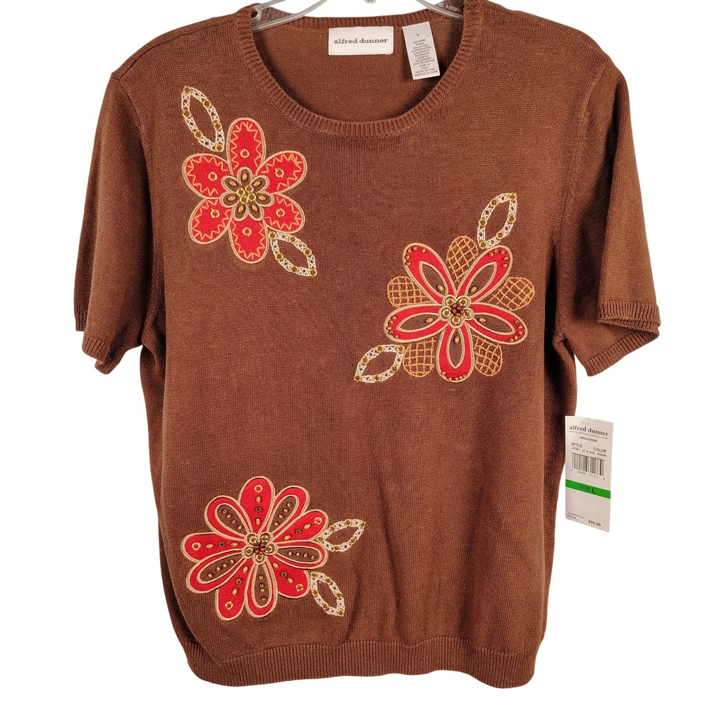 NWT Alfred Dunner Womens SZ L Indochine Floral Beaded Sweater Brown Ramie Cotton